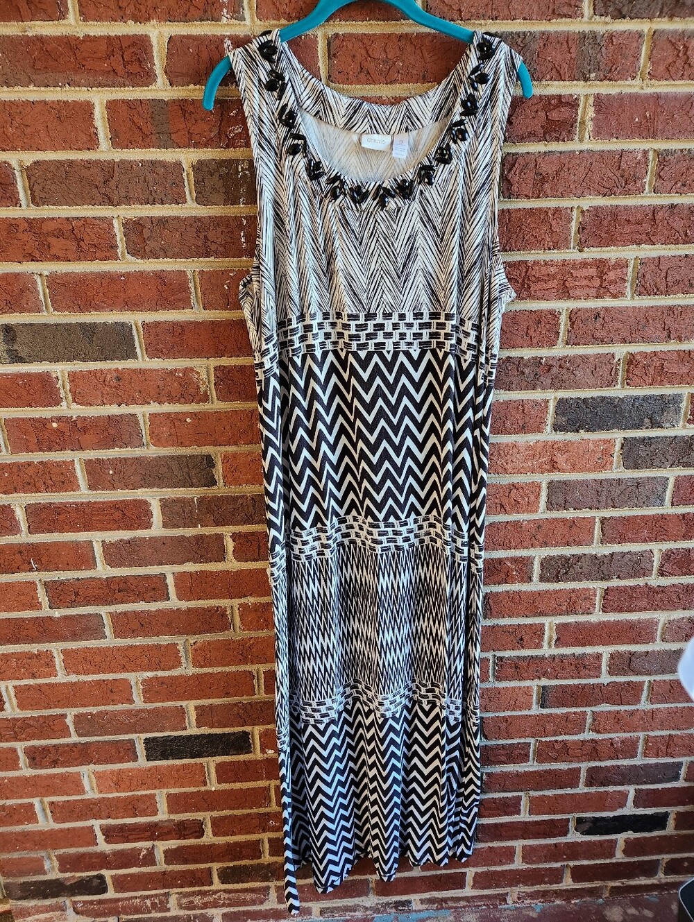 CHICOS Size 3 Sleveless Dress Black Geometric Full Lengrh Maxi